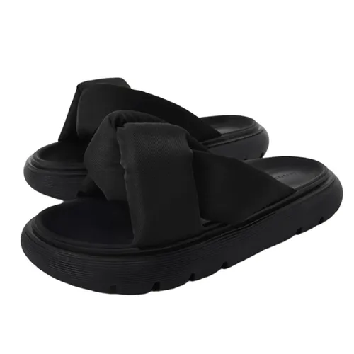 Dép Nữ Charles & Keith CNK Odessa Nylon Round-Toe Slide Sandals - Black CK1-70380943 Màu Đen Size 37