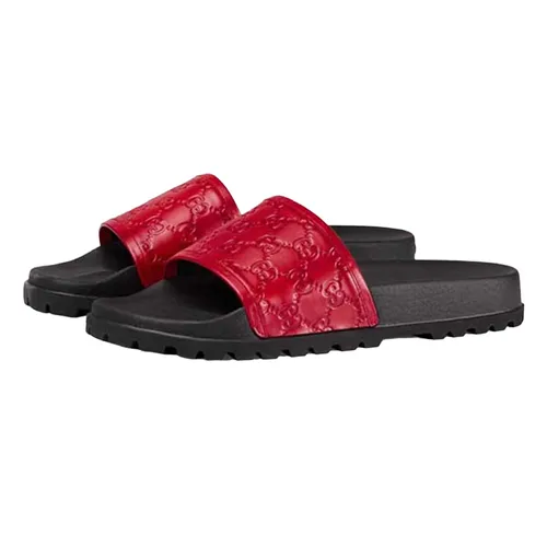 Dép Gucci Men's Black Signature Slide Sandal Màu Đỏ Size 42.5