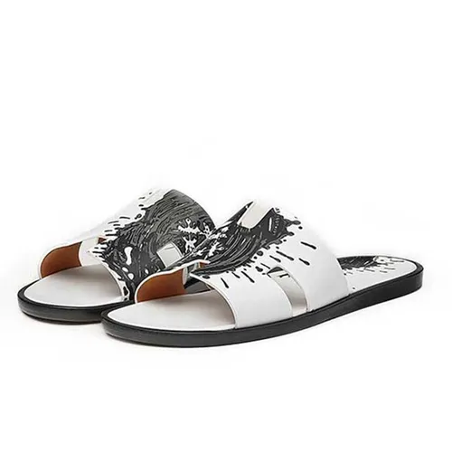 Dép Hermès Izmir Sandal Màu Trắng Phối Họa Tiết Xanh Rêu