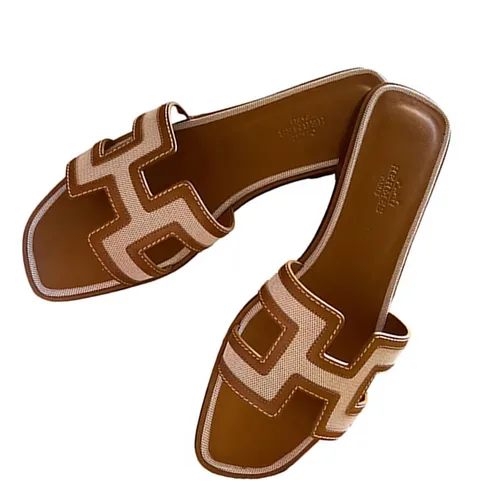 Dép Hermès Oran Leather Sandal Màu Nâu Viền Be Size 37.5