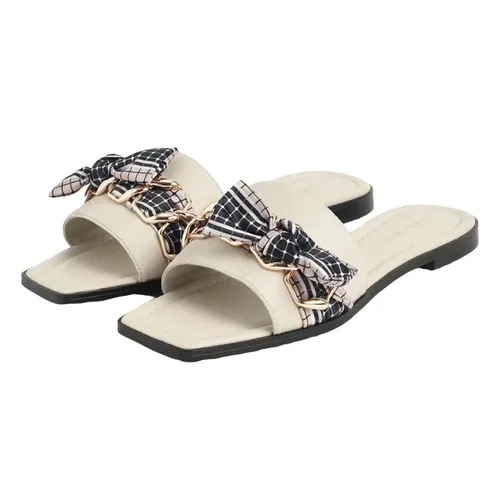 Dép Quai Ngang Charles & Keith CNK Printed Fabric Scarf Leather Slide Sandals - Chalk SL1-71720068 Màu Be