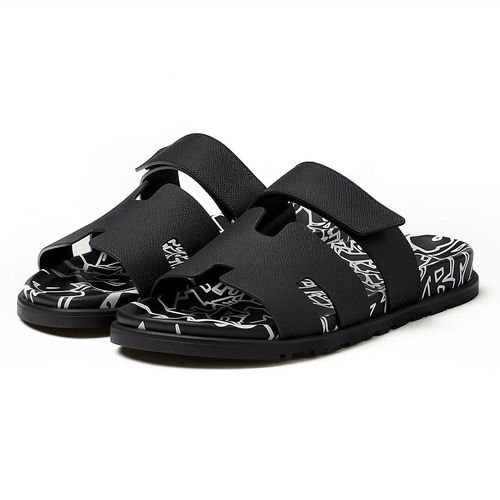Dép Sandal Hermès Cyprus Noir Blance Leather H Logo Slide Slip On Flat Màu Đen Size 40.5
