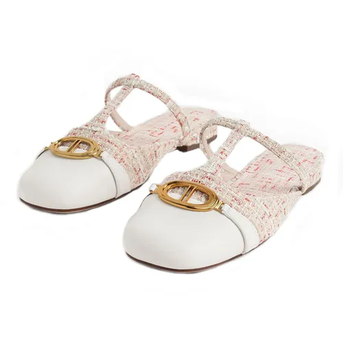 Giày Sục Nữ Charles & Keith CNK Metallic Accent Cut-Out Tweed Flat Mules 70900383 Cream Màu Kem Size 35
