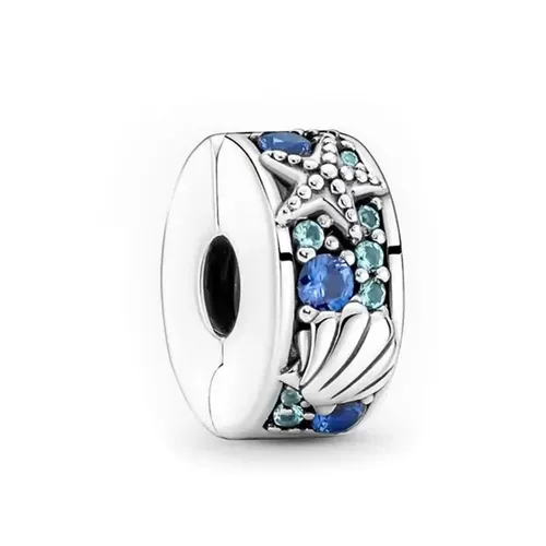Hạt Vòng Charm Pandora Tropical Starfish & Shell Clip 791678C01 Màu Xanh