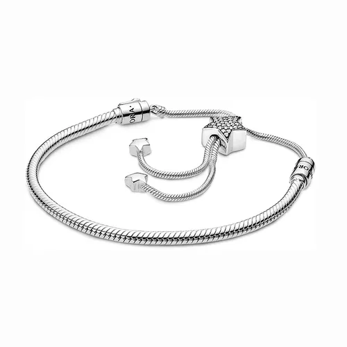 Vòng Đeo Tay Pandora Moments Pavé Star And Snake Chain Sliding Bracelet 598528C01-2 Màu Bạc