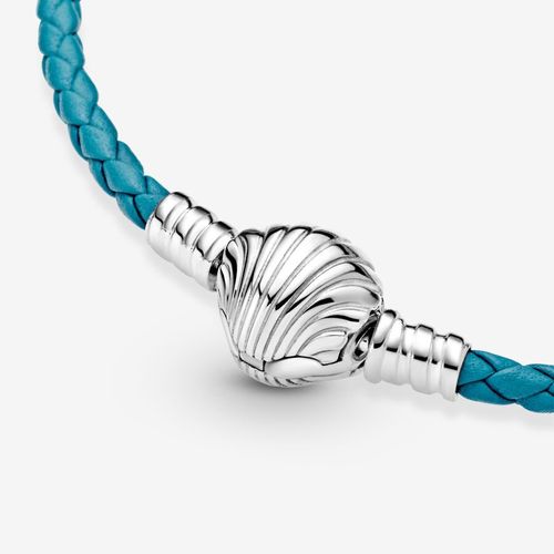 Vòng Đeo Tay Pandora Moments Seashell Clasp Turquoise Braided Leather Bracelet 598951C01 Màu Xanh Lam-3
