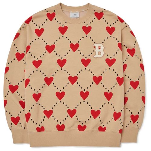 Áo Nỉ Sweater MLB Heart Pattern Over-Fit Sweatshirt Boston Red Sox 3AMTH0124-43BGS Màu Be Size S