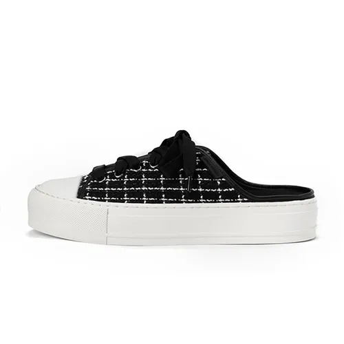 Giày Hở Gót Nữ Charles & Keith CNK Tweed Slip-On Sneakers 70900338-1 Màu Đen Trắng Size 36