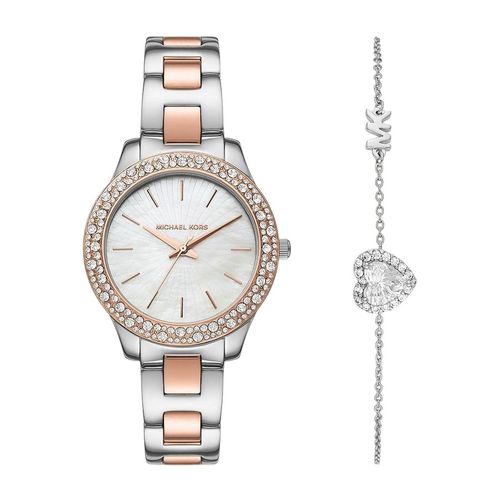 Set Đồng Hồ Nữ Michael Kors Liliane Quartz Crystal White Dial Watch And Bracelet Set MK1048 Màu Bạc