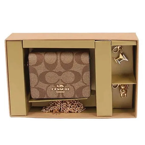 Coach - Set Ví Nữ Coach Boxed Mini Wallet C7355 On A Chain Blocked Signature Canvas In Khaki Brown Multi Màu Nâu Be - Vua Hàng Hiệu