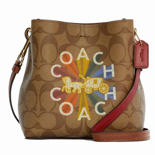 Túi Đeo Chéo Coach Mini Town Bucket Bag In Signature Canvas With Coach Radial Rainbow C6835 Màu Nâu Be