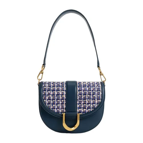 Túi Đeo Vai Nữ Charles & Keith CNK Gabine Tweed Saddle Bag 80781874-3 Màu Xanh Navy