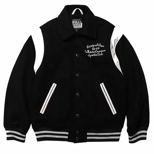 Áo Bomber WHOAU Vasity Studded Street Style Plain Logo Souvenir Jackets Màu Đen Trắng Size M