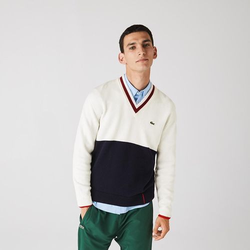 Áo Len Lacoste Men's Made In France Two-Tone Wool V-Neck Sweater AH2051 Màu Trắng Size S-1