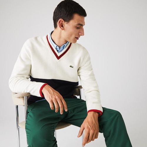 Áo Len Lacoste Men's Made In France Two-Tone Wool V-Neck Sweater AH2051 Màu Trắng Size S-4