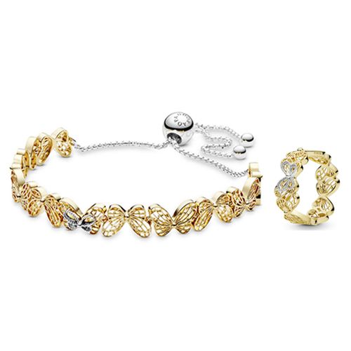 Set Vòng Tay + Nhẫn Pandora Shine Bracelet And Openwork Butterfly Ring Màu Vàng Gold