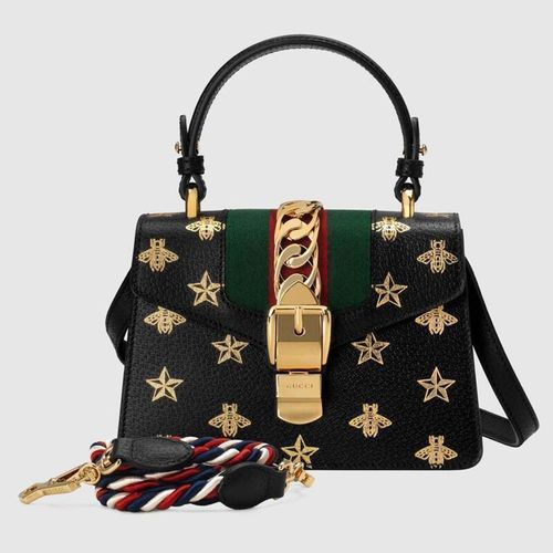 Túi Xách Gucci Sylvie Bee Star Mini Leather Bag Màu Đen Họa Tiết Vàng-4