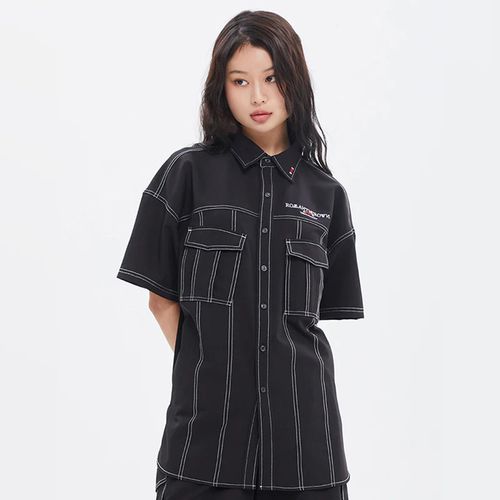 Áo Sơ Mi Romantic Crown Stitch Pocket Half Shirt Màu Đen Size S-3