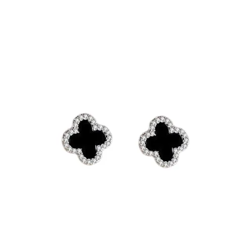 Khuyên Tai LiLi Jewelry Hình Cỏ Bốn Lá Đính Đá Cubic Zirconia, Mã Não LiLi_277777 Màu Đen Bạc
