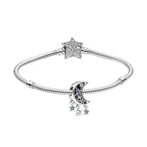 Vòng Đeo Tay Pandora Moments Khóa Ngôi Sao Và Charm Họa Tiết Mặt Trăng Màu Bạc