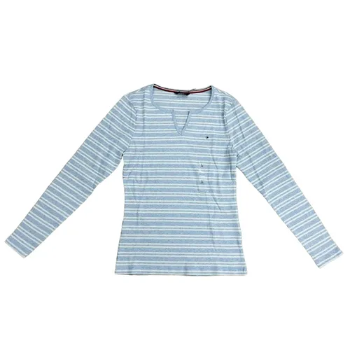 Áo Len Nữ Tommy Hilfiger Cổ V Màu Xanh Nhạt Sọc Ngang Size S
