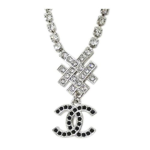 Dây Chuyền Chanel Necklace Pendant CC Mark Strass Silver Black Crystal Double Chain Màu Bạc-1