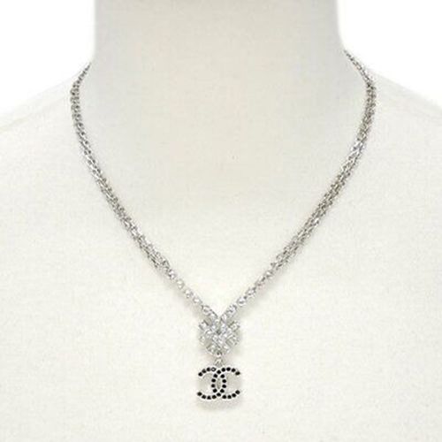 Dây Chuyền Chanel Necklace Pendant CC Mark Strass Silver Black Crystal Double Chain Màu Bạc-3