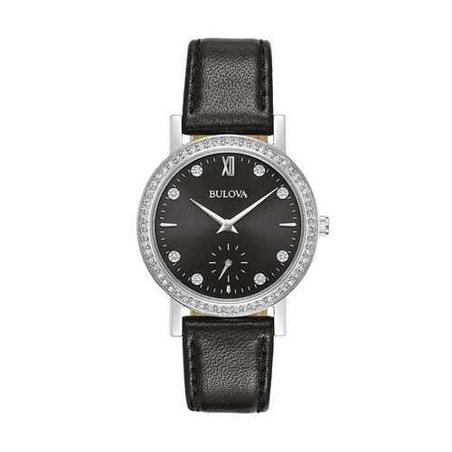 Đồng Hồ Nữ Bulova Crystal Black Leather Strap Watch 32mm Màu Đen