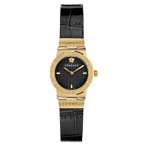Đồng Hồ Nữ Versace Greca Logo Monogram Leather Watch 27mm Màu Đen Vàng