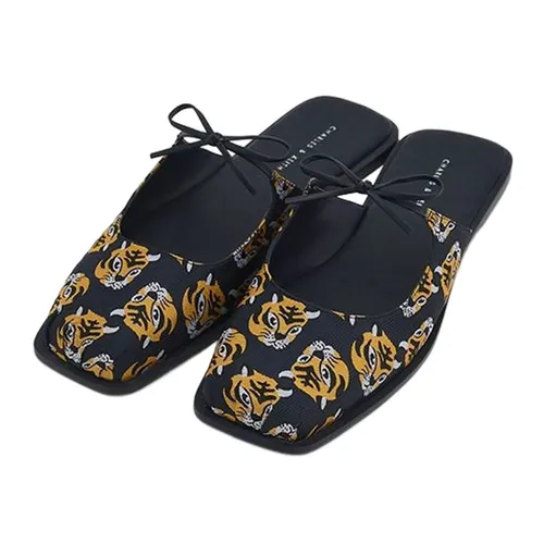 Giày Bệt Nữ Charles & Keith CNK Dionne Tiger-Print Jacquard Flat Mules Màu Xanh Navy/Vàng Size 36