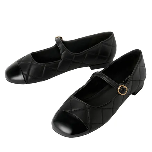 Giày Búp Bê Nữ Charles & Keith CNK Toe-Cap Quilted Mary Janes Black 70900405 Màu Đen Size 36