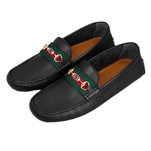 Giày Gucci Men's Black Driver Leather Loafers With Web Detail Màu Đen