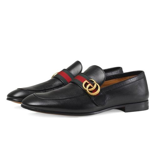 Giày Tây Gucci Leather Loafer With GG Web Màu Đen