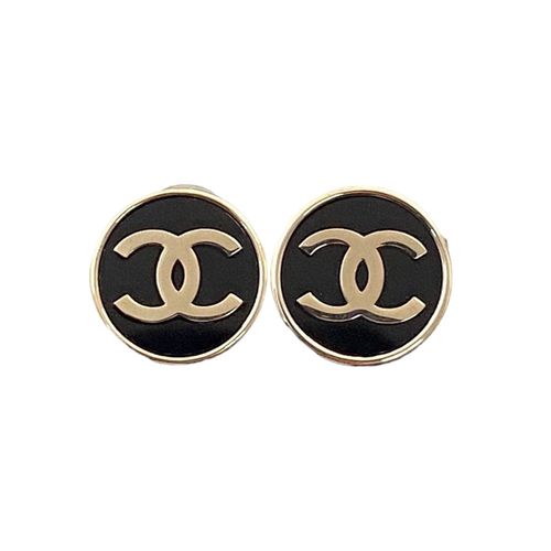 Khuyên Tai Chanel Double C Black Gold Button Stud Earrings Màu Đen Vàng-1