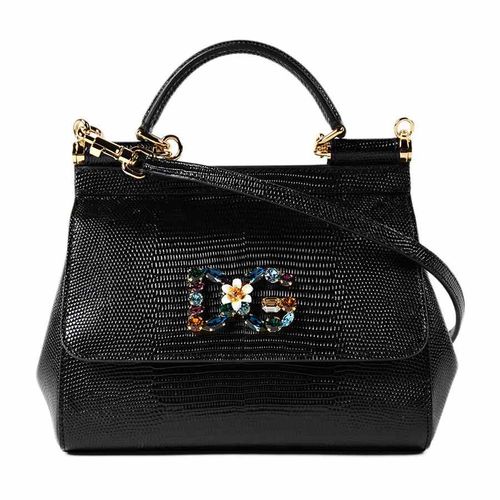 Túi Xách Tay Nữ Dolce & Gabbana D&G Small Sicily Handbag In Iguana Print Calfskin And Crystal DG Logo Patch Màu Đen