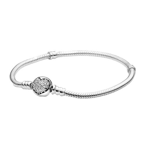 Vòng Đeo Tay Pandora Moments Sparkling Heart Clasp Snake Chain Bracelet 590743CZ Màu Bạc
