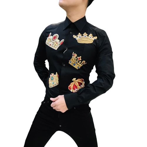 Áo Sơ Mi Dolce & Gabbana Crown Print Fitted Shirt Màu Đen-1