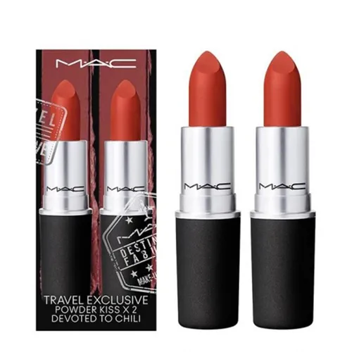 Set Son MAC Travel Exclusive Powder Kiss Lipstick x 2 (Devoted To Chili) Màu Đỏ Gạch