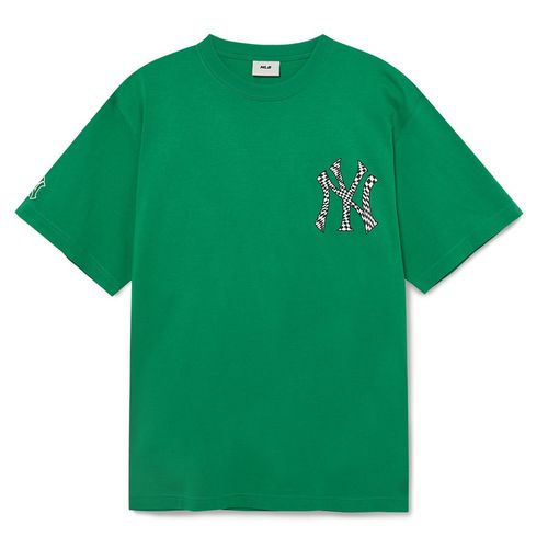 Áo Phông MLB Checkerboard Clipping Logo Overfit New York Yankees Tshirt 3ATSO0233-50GND Màu Xanh Green Size M