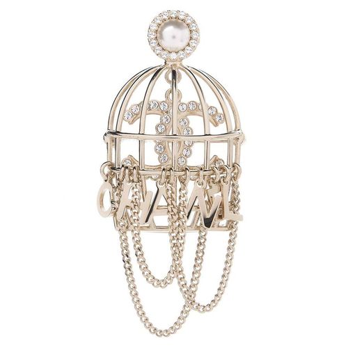Cài Áo Chanel Pearl Crystal Birdcage Brooch Màu Vàng