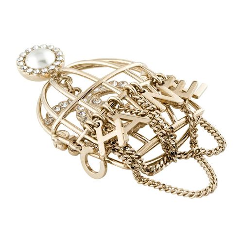 Cài Áo Chanel Pearl Crystal Birdcage Brooch Màu Vàng-3