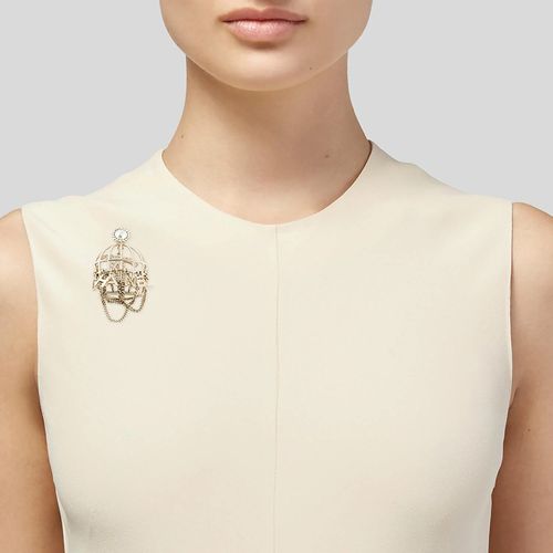 Cài Áo Chanel Pearl Crystal Birdcage Brooch Màu Vàng-4