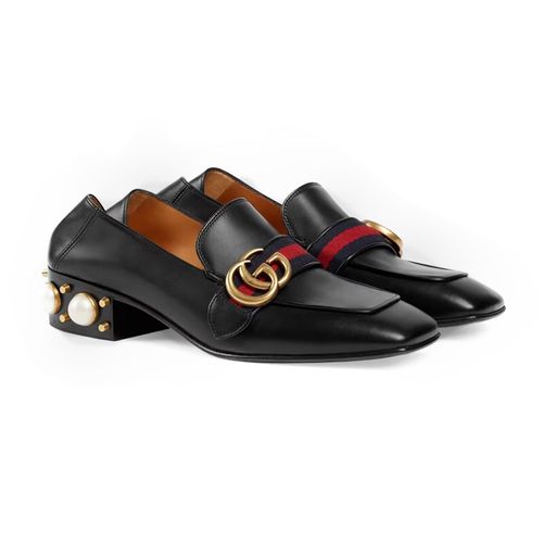 Giày Lười Nữ Gucci Leather Mid-Heel Loafer Màu Đen Size 37