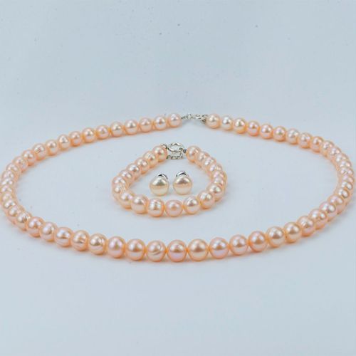 Set Dây Chuyền + Vòng Tay + Khuyên Tai  Nữ Minh Hà Pearl Jewelry Ngọc Trai Màu Hồng Cam