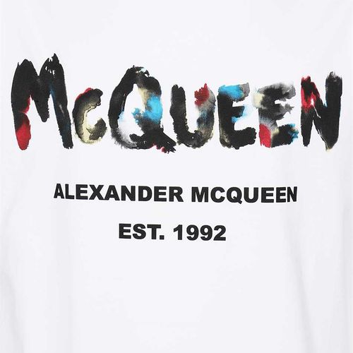 Áo Phông Nam Alexander McQueen Water Graffiti Logo Cotton Jersey 727285 QUZ22 0900 Tshirt Màu Trắng-3