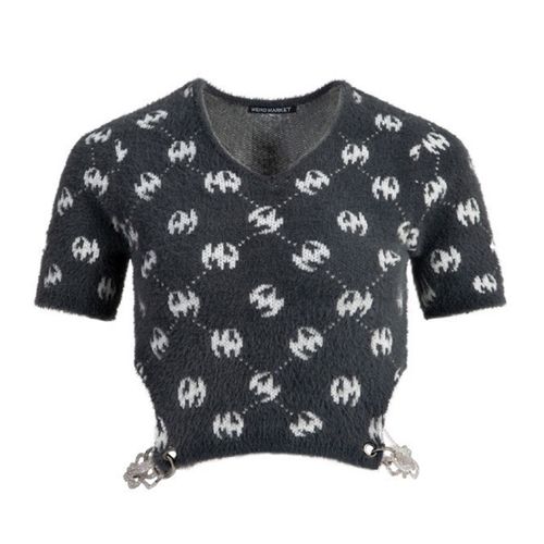 Áo Len Nữ Weird Market Cover Chain Artificial Fur Knit Tshirt Dark Grey Màu Đen Xám