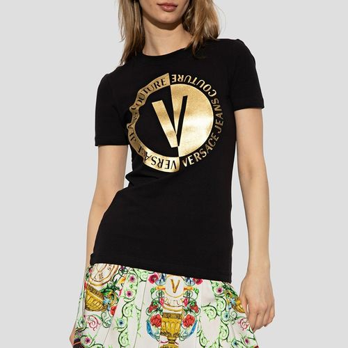 Áo Phông Nữ Versace Black With Logo Printed Tshirt 74HAHT10 CJ03T G89 Màu Đen-3