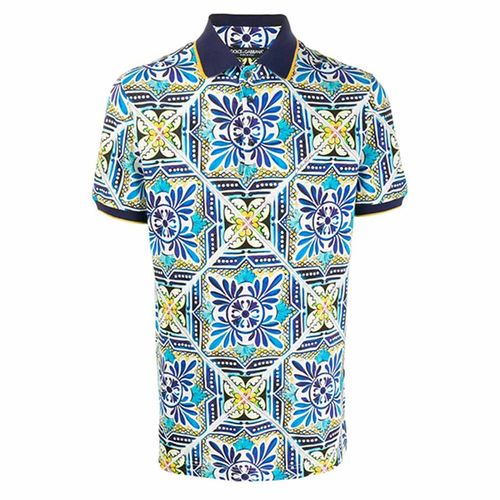Áo Polo Nam Dolce & Gabbana D&G Men's Maiolica Tile Polo Shirt In Multi Màu Xanh Họa Tiết