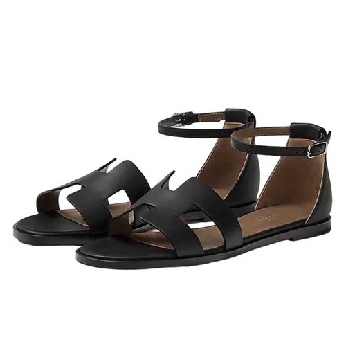 Dép Sandal Nữ Hermès Santorini Màu Đen Nâu Size 36-1