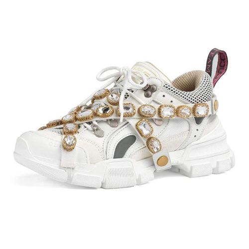 Giày Thể Thao Nữ Gucci White Leather And Mesh Flashtrek Removable Crystals Màu Trắng